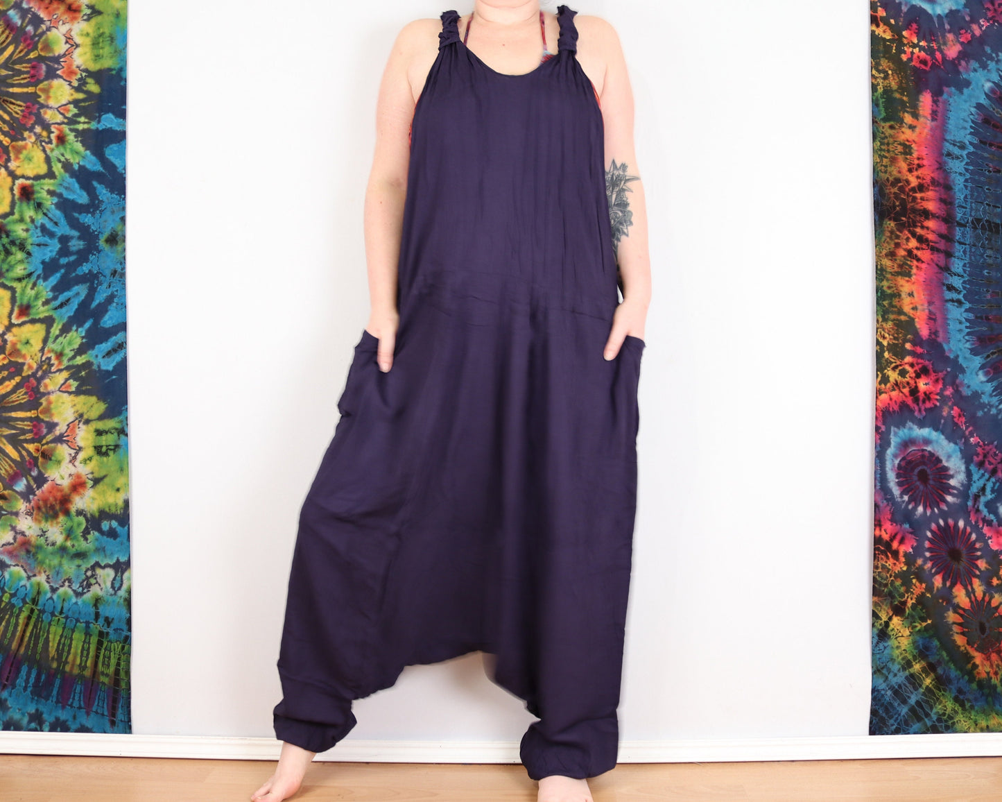 Plain Harem Dungarees - Navy Blue - Bare Canvas