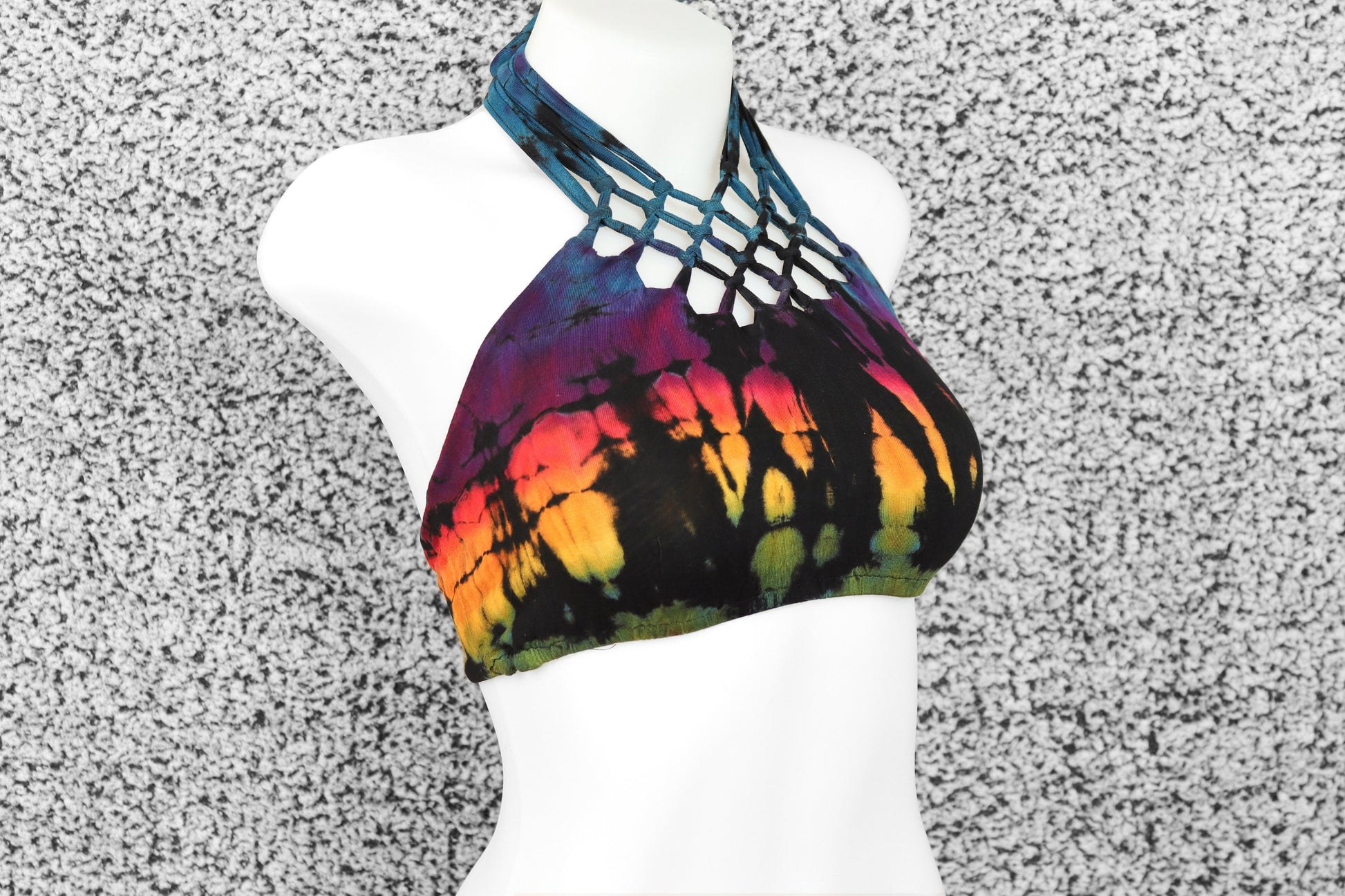 Tie-Dye Lattice Halter Neck Bikini Top - Purple Pink and Orange - Bare Canvas