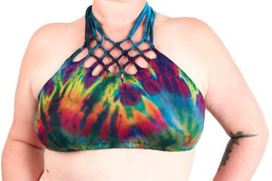 Tie-Dye Lattice Halter Neck Bikini Top - Aqua Blue and Rainbow