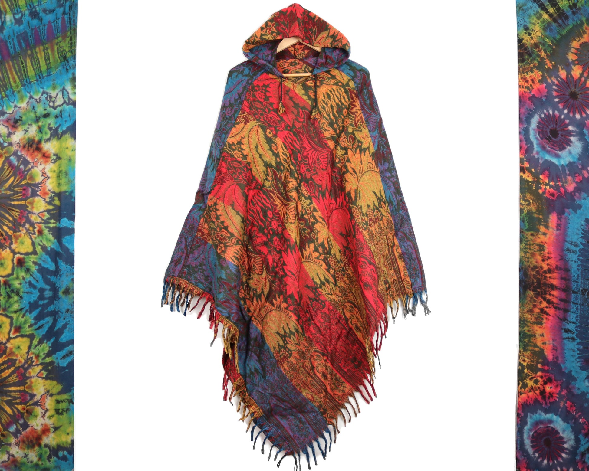 Hooded Blanket Poncho - Red Orange Green and Blue Indian Flowers - Bare Canvas