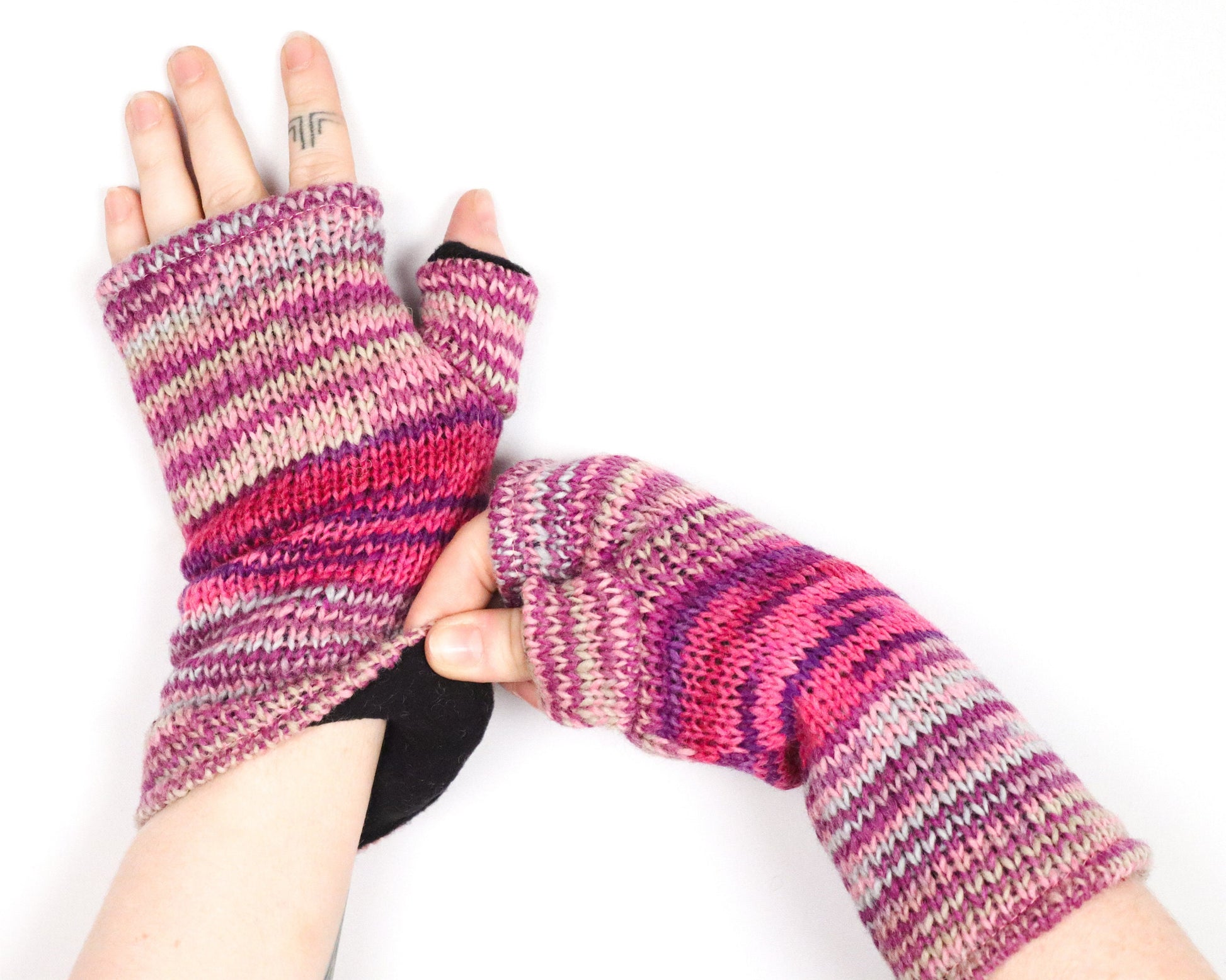 Fleece Lined Knitted Wrist Warmers - Pink and Purple Unisex Striped - Bare Canvas