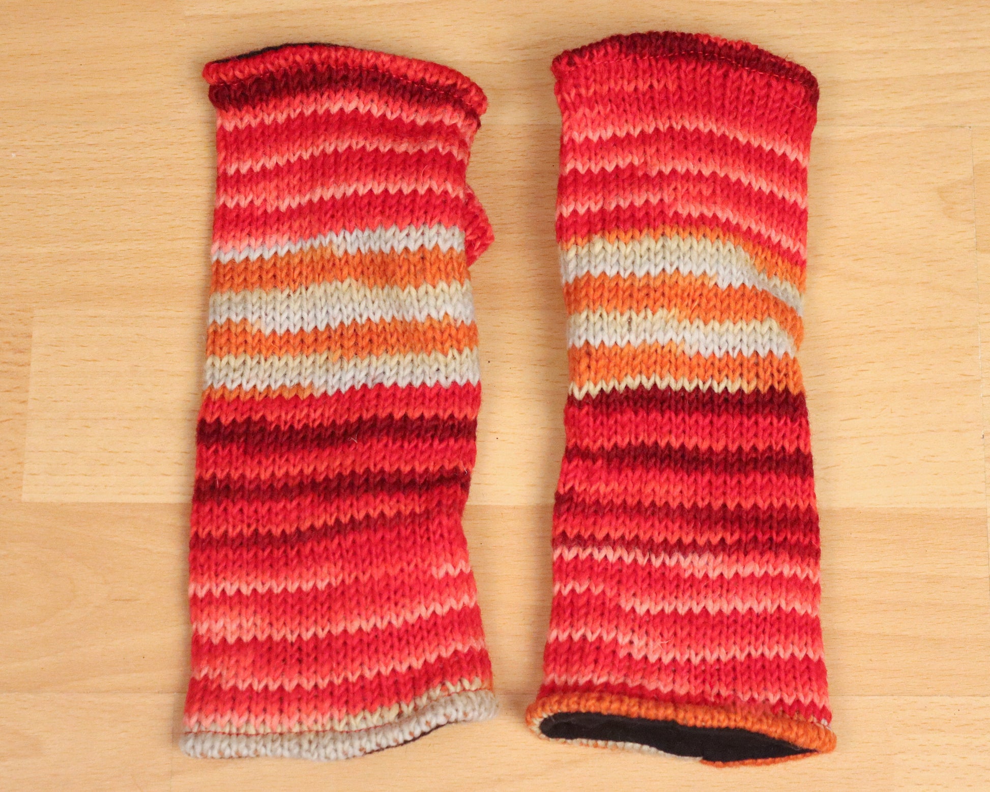 Fleece Lined Knitted Wrist Warmers - Red Orange and Cream Striped - Bare Canvas