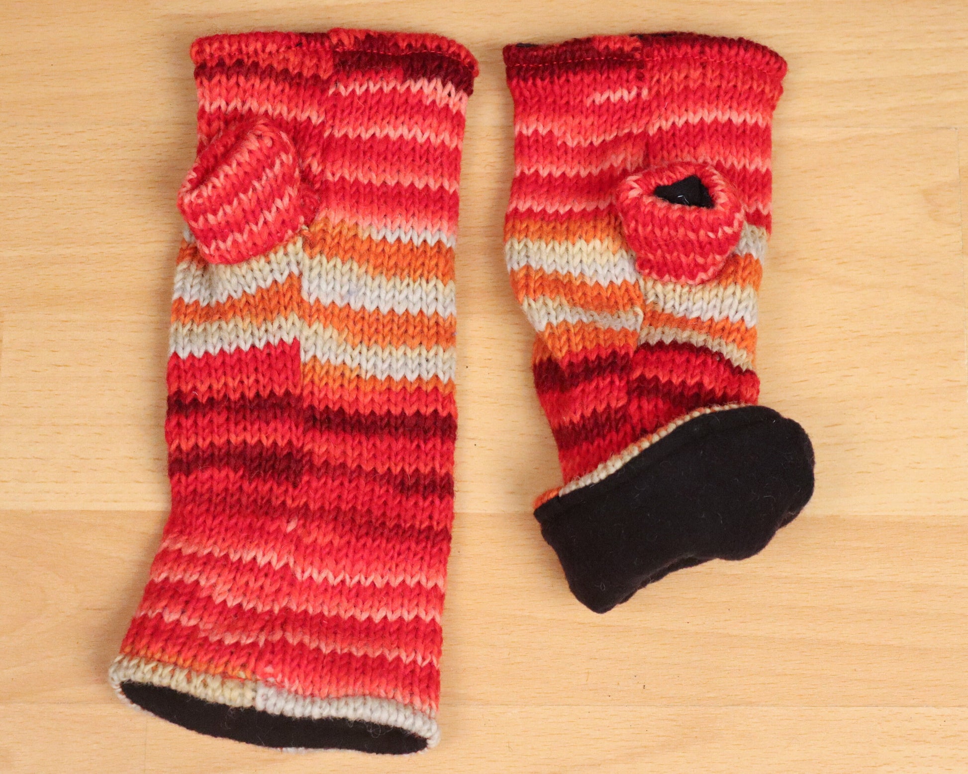 Fleece Lined Knitted Wrist Warmers - Red Orange and Cream Striped - Bare Canvas