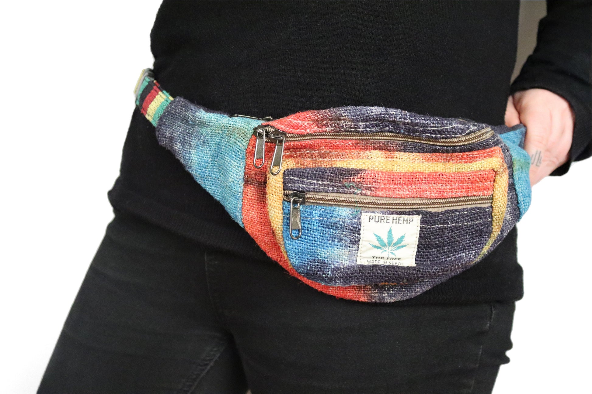 Hemp Bum Bag / Zip-up Belt Bag - Tie-Dye Rainbow - Bare Canvas