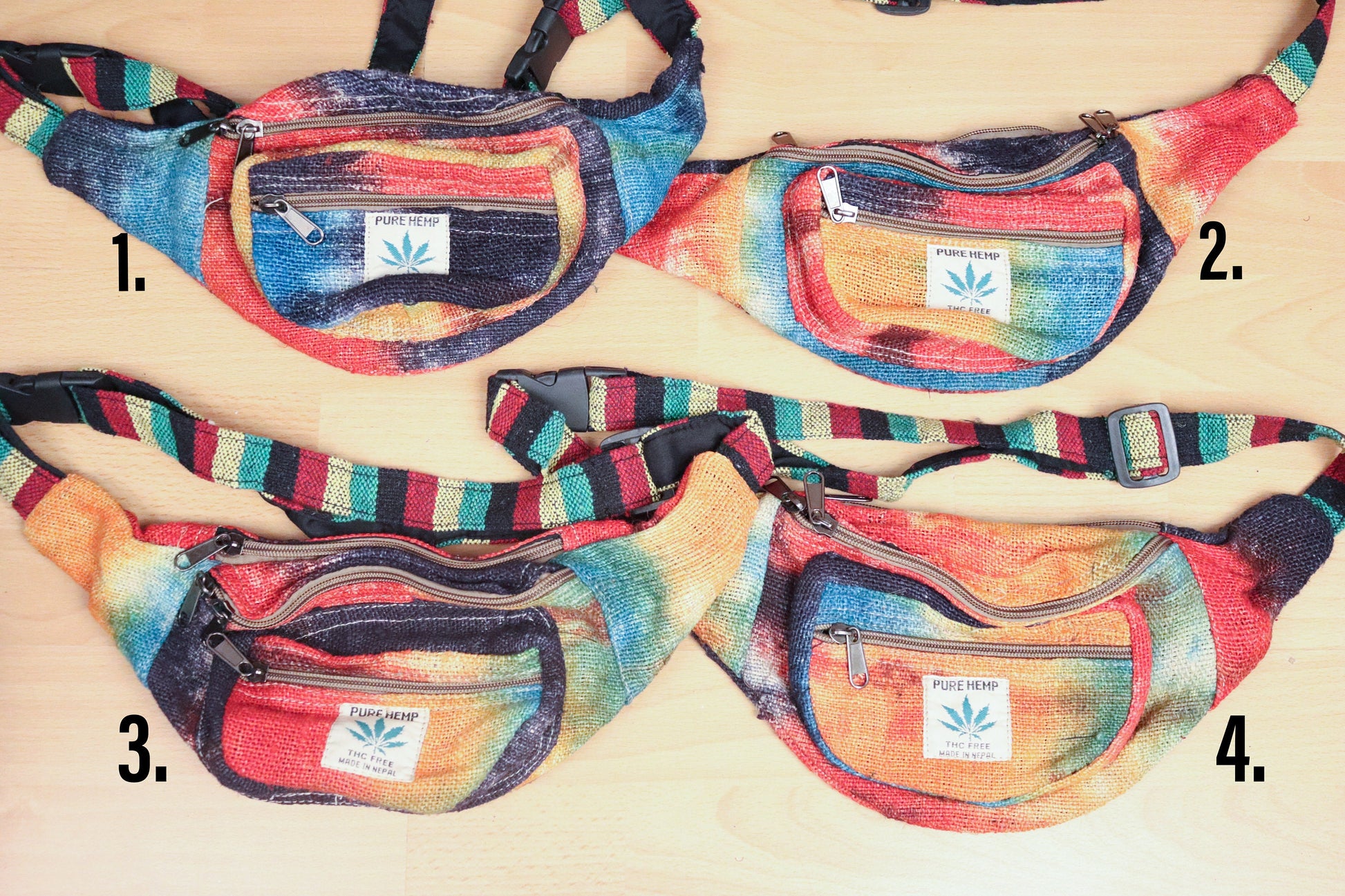 Hemp Bum Bag / Zip-up Belt Bag - Tie-Dye Rainbow - Bare Canvas