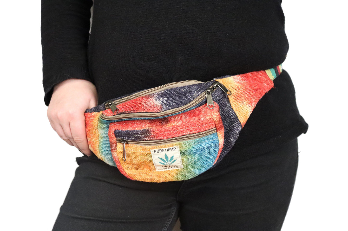 Hemp Bum Bag / Zip-up Belt Bag - Tie-Dye Rainbow - Bare Canvas