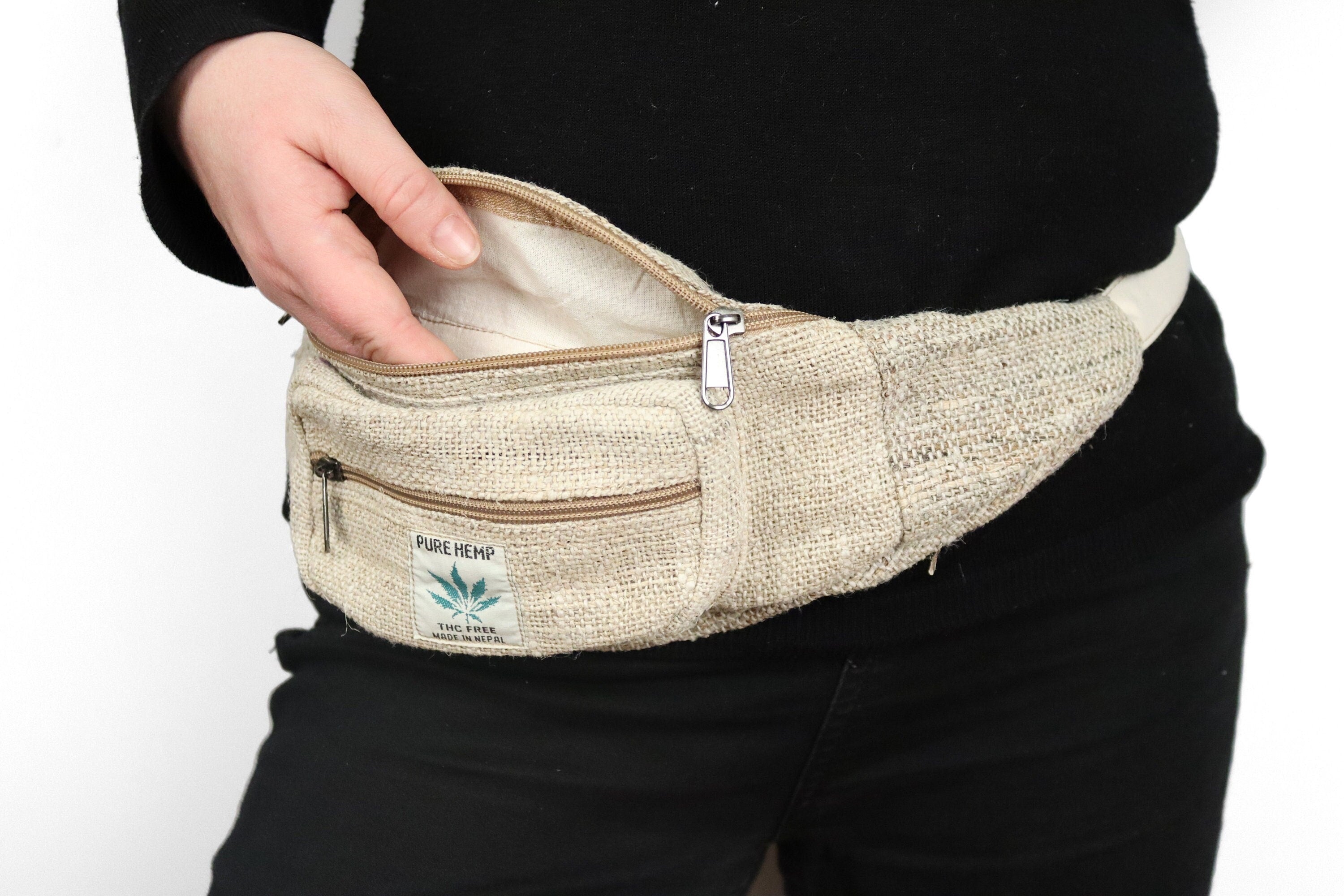 Hemp Bum Bag Zip up Belt Bag Green Bare Canvas