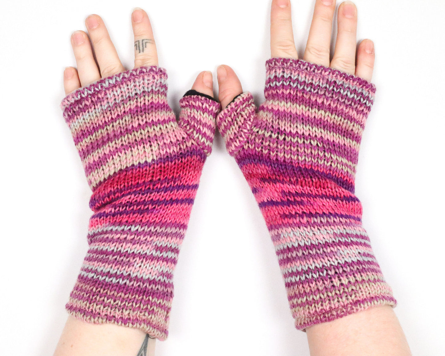 Fleece Lined Knitted Wrist Warmers - Pink and Purple Unisex Striped - Bare Canvas