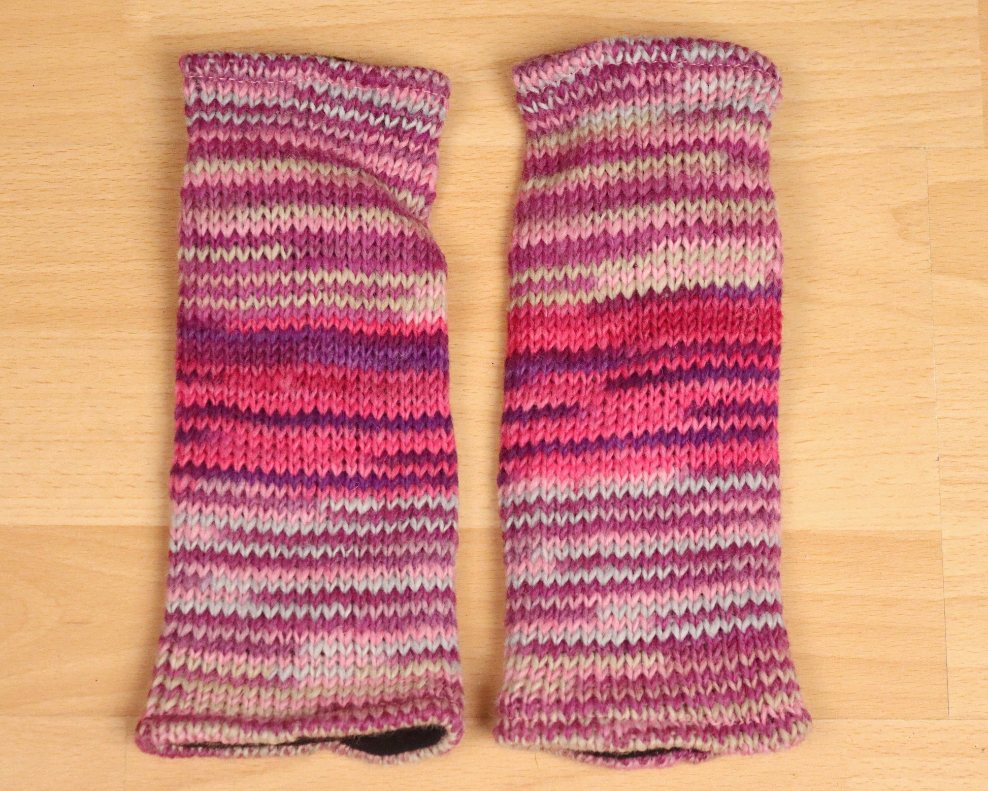 Fleece Lined Knitted Wrist Warmers - Pink and Purple Unisex Striped - Bare Canvas