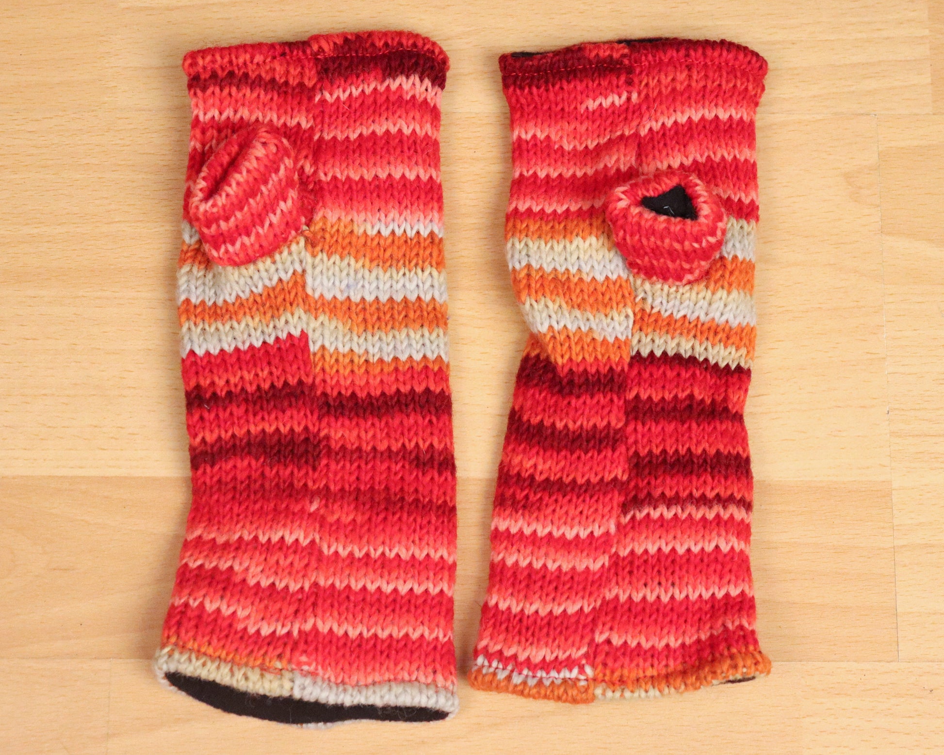 Fleece Lined Knitted Wrist Warmers - Red Orange and Cream Striped - Bare Canvas