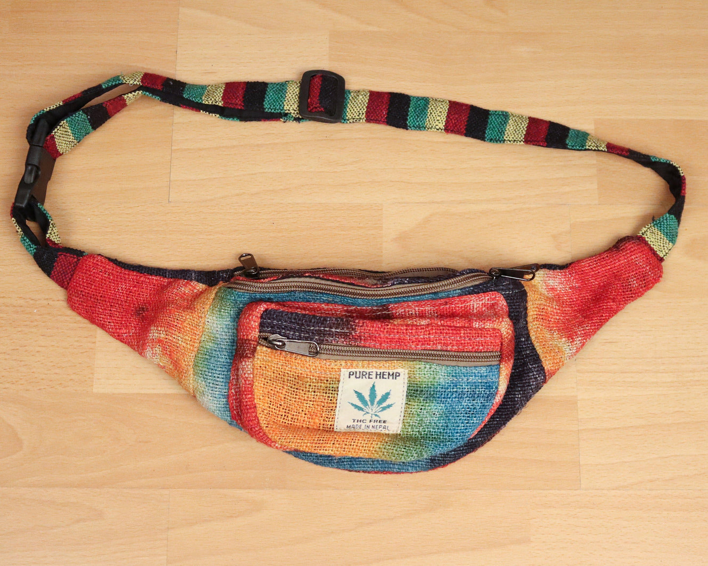 Hemp Bum Bag / Zip-up Belt Bag - Tie-Dye Rainbow - Bare Canvas