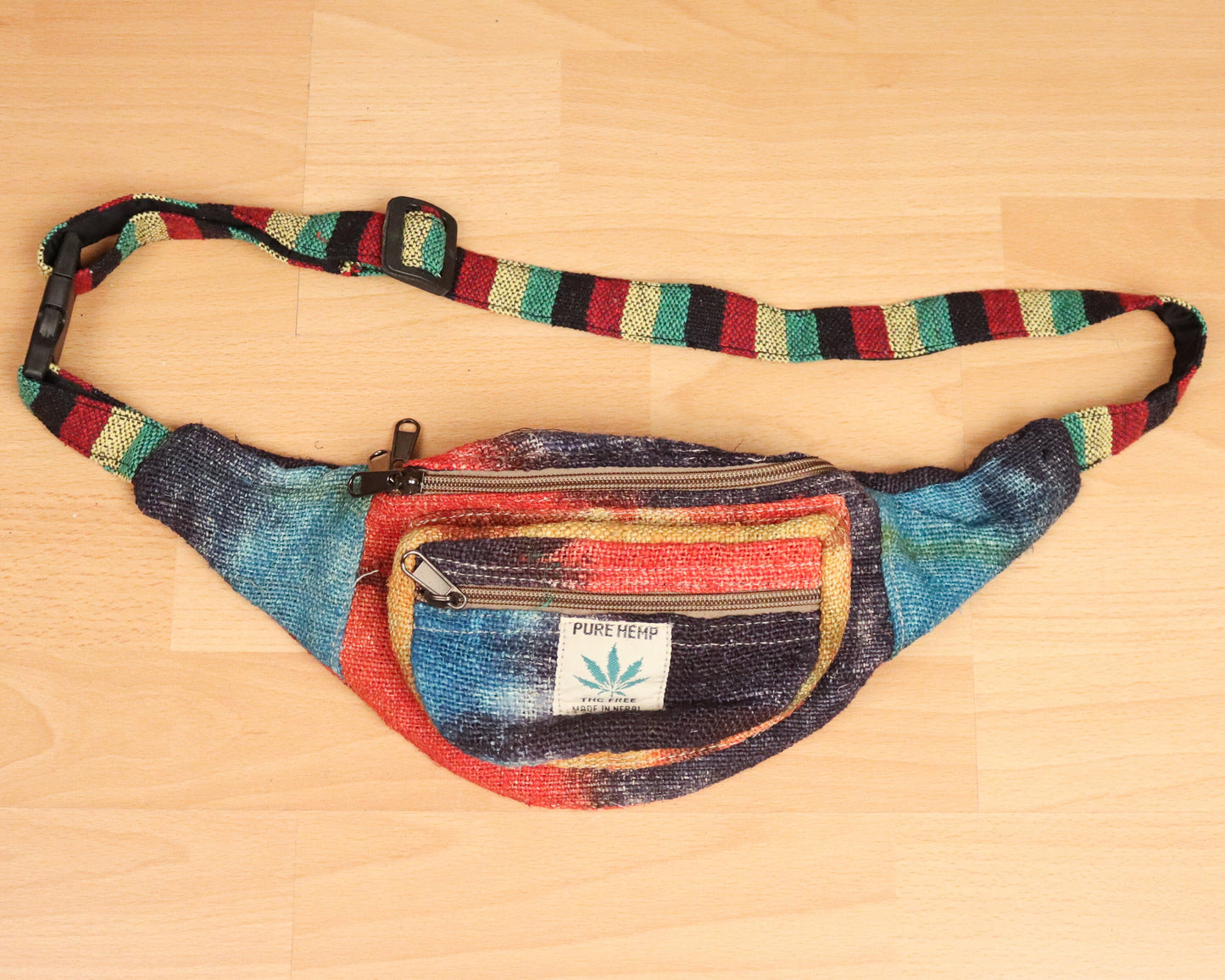 Hemp Bum Bag / Zip-up Belt Bag - Tie-Dye Rainbow - Bare Canvas