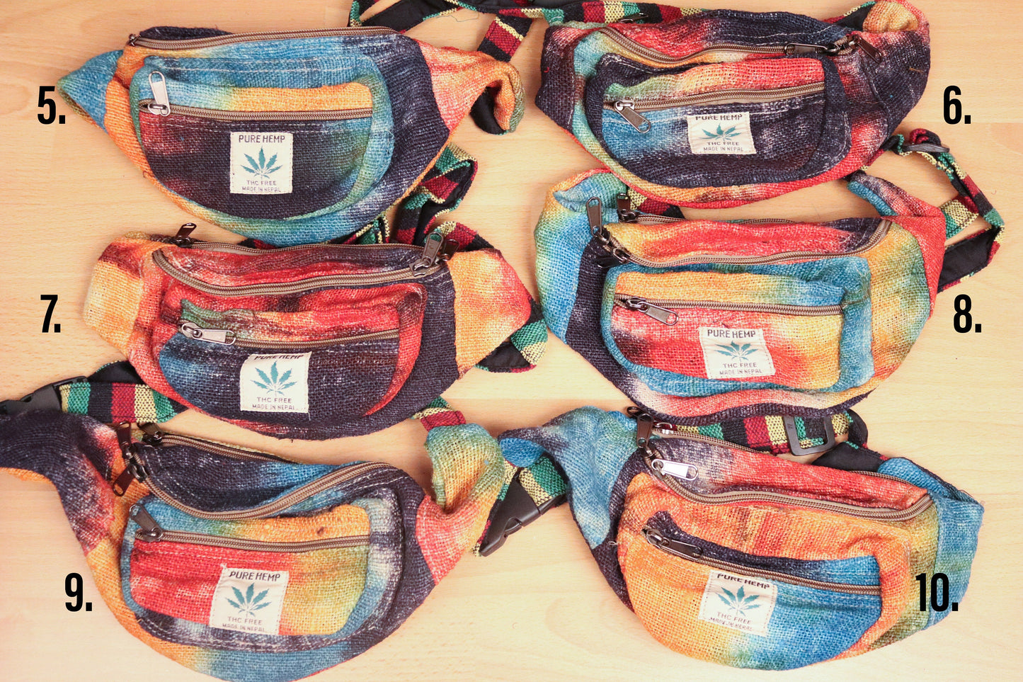 Hemp Bum Bag / Zip-up Belt Bag - Tie-Dye Rainbow - Bare Canvas