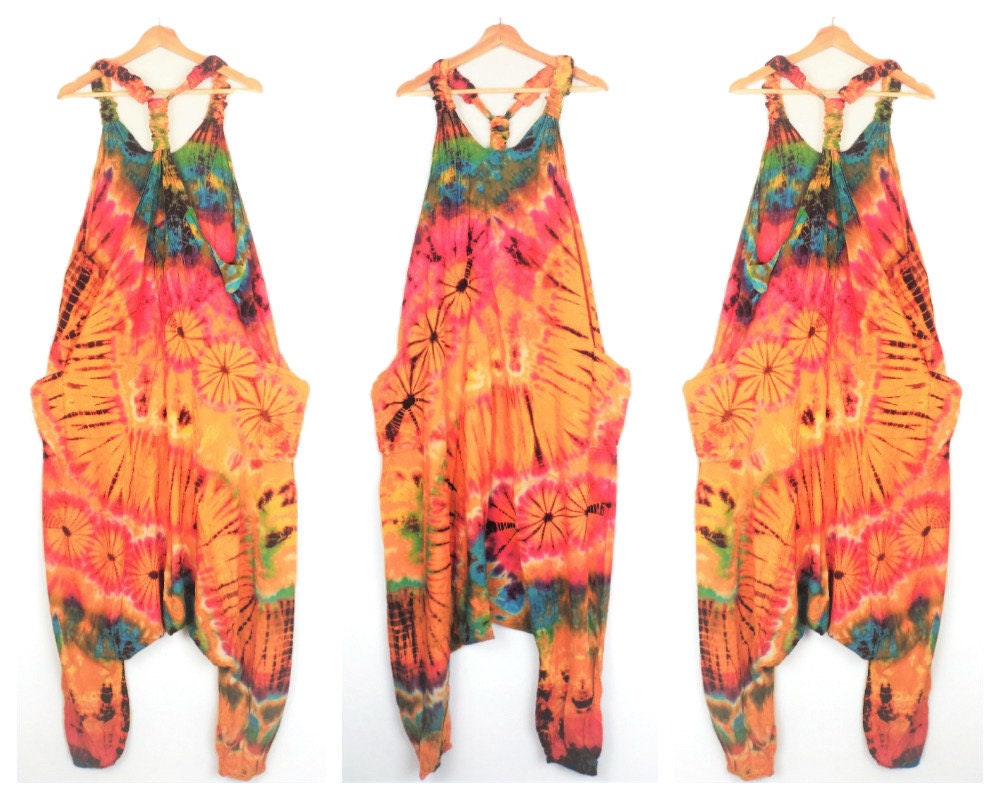 Tie-Dye Harem Dungarees - Bright Orange Rainbow