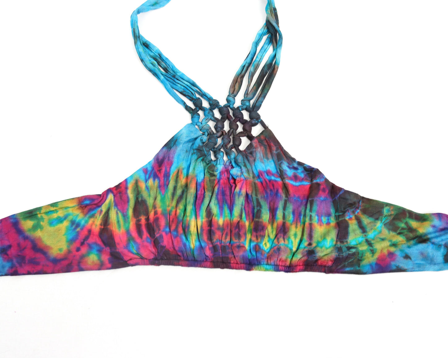 Top de bikini con cuello halter y entramado Tie-Dye - Azul aguamarina y arcoíris