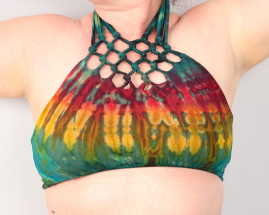 Tie-Dye Lattice Halter Neck Bikini Top - Green Red and Yellow - Bare Canvas