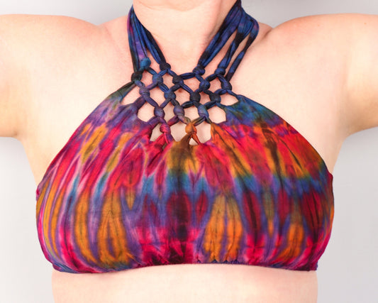 Tie-Dye Lattice Halter Neck Bikini Top - Purple Pink and Orange - Bare Canvas