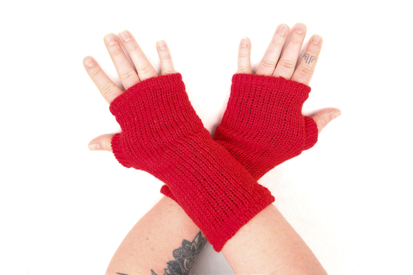 Fleece Lined Knitted Wrist Warmers - Red - Bare Canvas