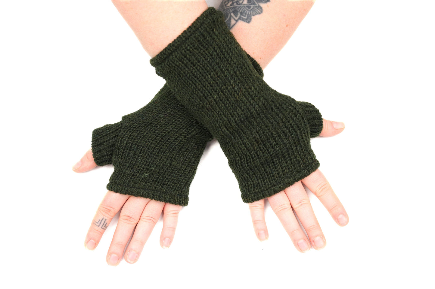 Fleece Lined Knitted Wrist Warmers - Dark Green - Bare Canvas