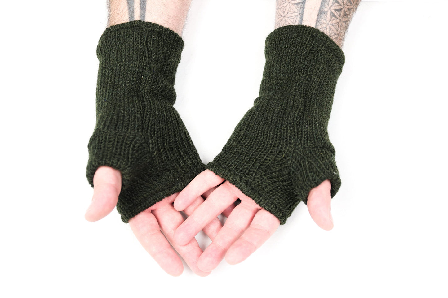 Fleece Lined Knitted Wrist Warmers - Dark Green - Bare Canvas